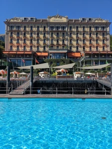 View of the Grand Hotel Tremezzo from the floating pool.