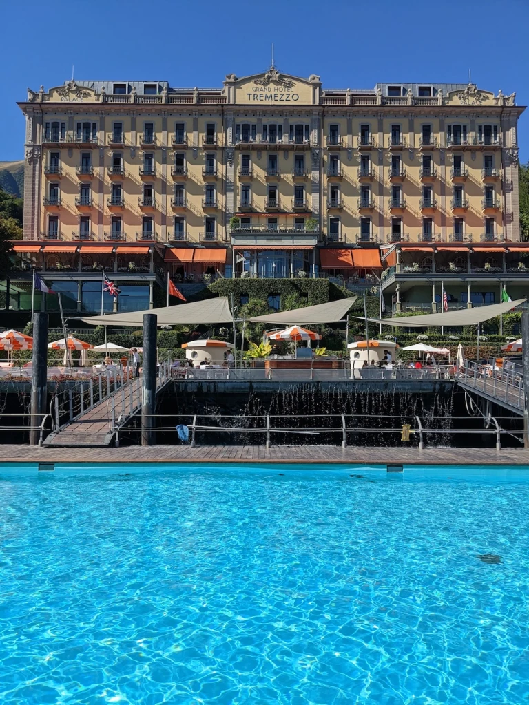 View of the Grand Hotel Tremezzo in Lake Como, Italy, from the floating pool. 
